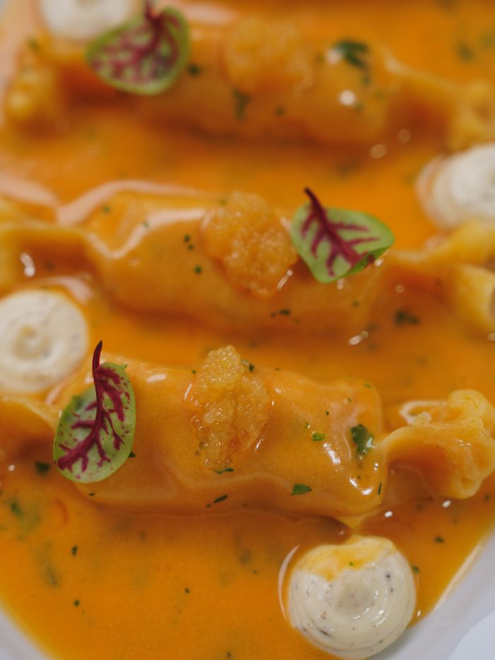Gourmet ravioli served in a vibrant creamy tomato sauce with garnishes.